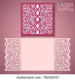 Laser cut wedding invitation card template vector. Die cut paper card with lace pattern. Cutout paper gate fold card for laser cutting or die cutting.