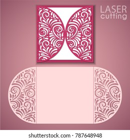 Laser cut wedding invitation card template vector. Die cut paper card with lace pattern. Cutout paper gate fold card for laser cutting or die cutting.