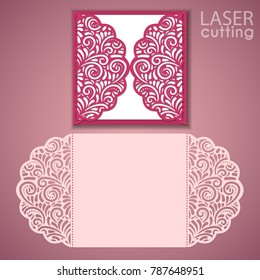 Laser cut wedding invitation card template vector. Die cut paper card with lace pattern. Cutout paper gate fold card for laser cutting or die cutting.