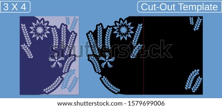 Laser cut wedding invitation card template.  Cut out the paper card with floral pattern.  Greeting card with an aspect ratio of 3 to 4 when closed. Card with a bend to close.