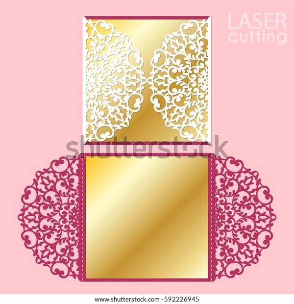 Laser cut wedding invitation card template vector. Die cut paper card with lace pattern. Cutout