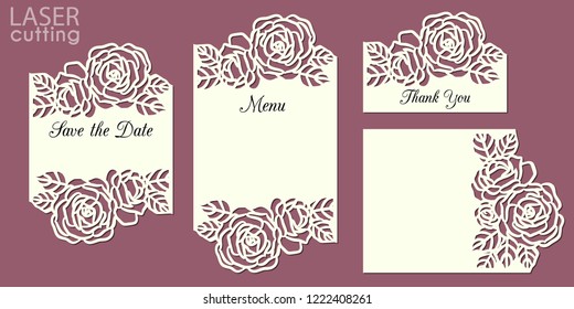 Laser cut wedding invitation cards template set with roses patterned frame. Wedding or greeting cards kit for cutting.