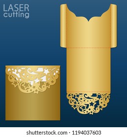 Vector de plantilla de envoltorio de invitación de boda de corte láser. Planta de envoltura de bolsillo para cortar. Invitación de boda o tarjeta de felicitación con el patrón de estrellas y remolinos.