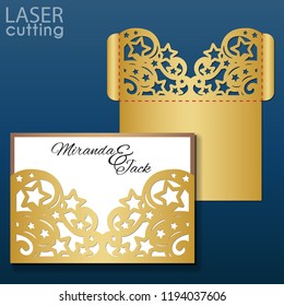 Laser cut wedding invitation envelope template vector. Die cut pocket envelope template. Wedding invitation or greeting card with pattern of stars and swirls.