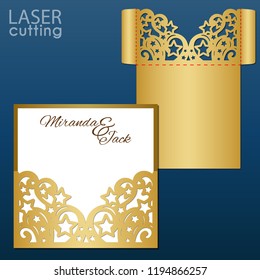 Laser cut wedding invitation envelope template vector. Die cut pocket envelope template. Wedding invitation or greeting card with pattern of stars and swirls.