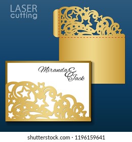 Vector de plantilla de envoltorio de invitación de boda de corte láser. Planta de envoltura de bolsillo para cortar. Invitación de boda o tarjeta de felicitación con el patrón de estrellas y remolinos.