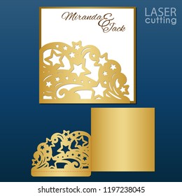 Laser geschnitten Hochzeitseinladung Umschlag Vorlage Vektor. Die geschnittene Taschenumschlagvorlage. Hochzeitseinladung oder Grußkarte mit Muster von Sternen und Wellen.