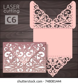 Laser cut wedding invitation envelope template vector. Wedding invitation or greeting card with abstract lace ornament. Die cut pocket envelope template.