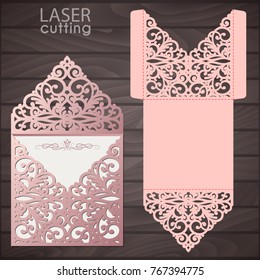 Laser cut wedding invitation envelope template vector. Wedding invitation or greeting card with abstract lace ornament. Die cut pocket envelope template.