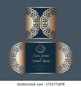Laser cut wedding invitation gate fold card template vector. Paper cutting card with lace pattern.