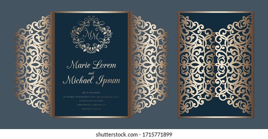 Laser cut wedding invitation gate fold card template vector. Paper cutting card with lace pattern.