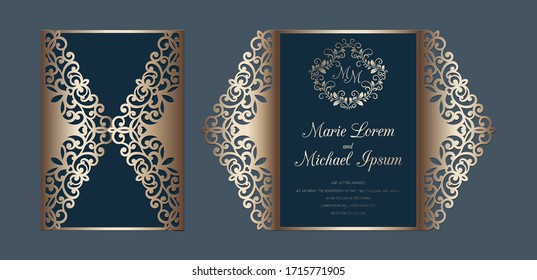 Laser cut wedding invitation gate fold card template vector. Paper cutting card with lace pattern.