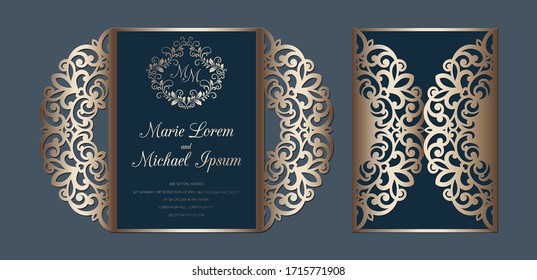 Laser Cut Wedding Invitation Gate Fold Card Template Vector. Paper Cutting Card With Lace Pattern.