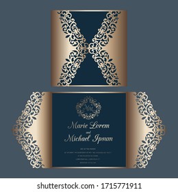 Vector de la plantilla de la tarjeta plegable de la puerta de la invitación al corte láser. Tarjeta de corte de papel con patrón de encaje.