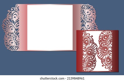 Laser cut wedding invitation gate fold card template with peacock feathers. Wedding invitation or greeting card cover with abstract ornament. Suitable for greeting cards, invitations, menus.