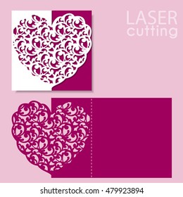 Laser Cut Wedding Invitation Or Greeting Card Template Vector With Lace Heart. Image Suitable For Laser Cutting, Plotter Cutting Or Printing.