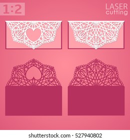 Laser cut wedding invitation or greeting card template vector. Cutout paper fold card with pattern. Wedding or St. Valentine's Day invitation mockup.