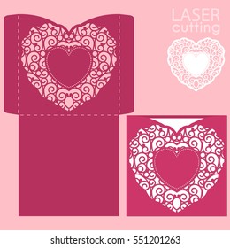 Laser cut wedding invitation or greeting card template vector with lace heart. Image suitable for laser cutting, plotter cutting or printing.