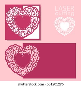 Laser cut wedding invitation or greeting card template vector with lace heart. Image suitable for laser cutting, plotter cutting or printing.