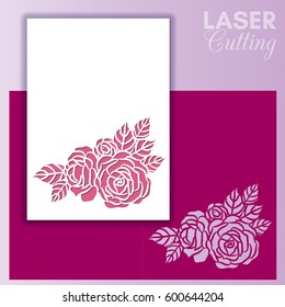 Laser cut wedding invitation or greeting card with roses. Invitation envelope mock up for laser cutting. Cutout paper card for laser cutting or die cutting template.