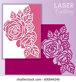 Laser cut wedding invitation or greeting card with roses. Invitation envelope mock up for laser cutting. Cutout paper card for laser cutting or die cutting template.