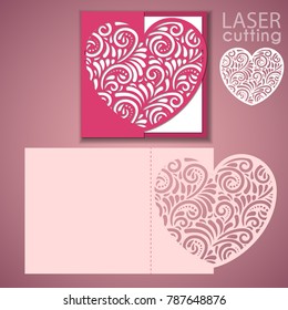 Laser cut wedding invitation or greeting card template vector with lace heart. Image suitable for laser cutting, plotter cutting or printing.