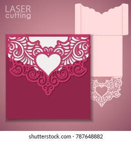 Laser cut wedding invitation or greeting card template vector with a heart shaped frame. Pocket envelope template. Image suitable for laser cutting, plotter cutting or printing.