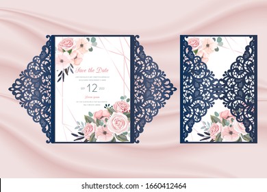 Laser cut wedding invitation openwork template vector with an internal card with roses. Cutout paper gate fold card with pattern of roses on the fabric with folds background .