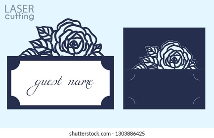 Laser cut wedding invitation place card with lace border. Wedding centerpieces table card, pattern of roses name card holders. Template for cutting, vector.