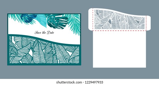 Laser cut wedding invitation pocket envelope template vector. Die cut paper card with tropical pattern of banana leaves. Greeting card or invitation cover template for cutting in tropical style.