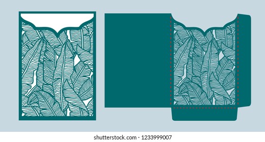 Laser cut wedding invitation pocket envelope template vector. Die cut paper card with tropical pattern of banana leaves. Greeting card or invitation cover template for cutting in tropical style. svg