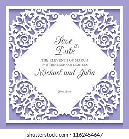 Laser cut wedding invitation template. Ornamental frame with cutout floral corners, lace border pattern, vector template for paper cutting, ornamental decoration for greeting card or wedding design.
