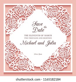 Laser cut wedding invitation template. Ornamental frame with cutout floral corners, lace pattern of roses, vector template for paper cutting, ornamental decoration for greeting card or wedding design.