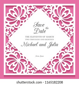 Laser cut wedding invitation template. Ornamental frame with cutout floral corners, lace border pattern, vector template for paper cutting, ornamental decoration for greeting card or wedding design.