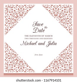 Laser cut wedding invitation template. Ornamental frame with cutout floral corners, lace border pattern, vector template for paper cutting, ornamental decoration for greeting card or wedding design.