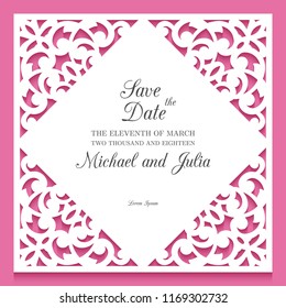 Laser cut wedding invitation template. Ornamental frame with cutout floral corners, lace border pattern, vector template for paper cutting, ornamental decoration for greeting card or wedding design.