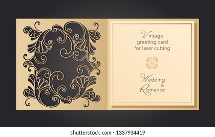 Laser cut wedding invitation template with lace pattern in vintage style. Envelope with ornate abstract ornament for greeting card. Openwork vector silhouette.