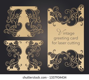 Laser cut wedding invitation template with lace pattern in vintage style. Envelope with ornate abstract ornament for greeting card. Openwork vector silhouette.