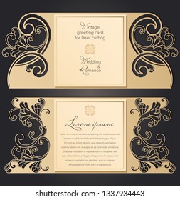 Laser cut wedding invitation template with lace pattern in vintage style. Envelope with ornate abstract ornament for greeting card. Openwork vector silhouette.