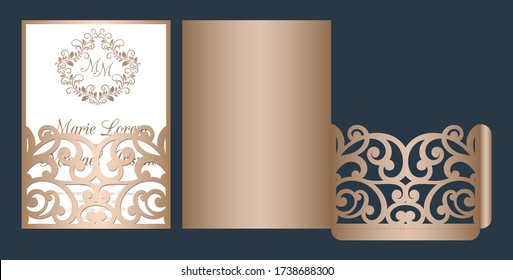Laser cut wedding invitation template vector. Wedding openwork pocket envelope with abstract cutting ornament. Suitable for greeting cards, invitations, menus.