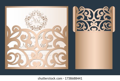 Laser cut wedding invitation template vector. Wedding openwork pocket envelope with abstract cutting ornament. Suitable for greeting cards, invitations, menus.