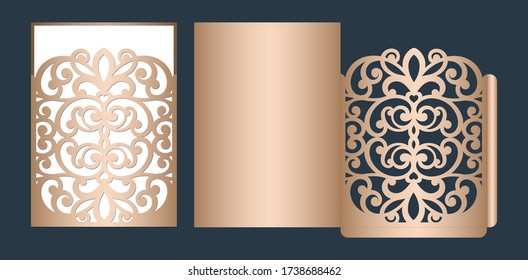Laser cut wedding invitation template vector. Wedding openwork pocket envelope with abstract cutting ornament. Suitable for greeting cards, invitations, menus.