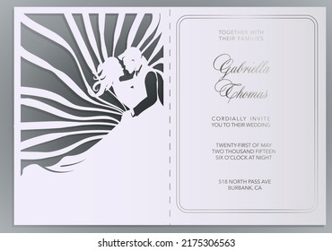 Laser cut wedding invitation template with bride, groom. Card with lacy vector silhouette Loving couple in lace decor. Faces in profile for Valentine's Day.