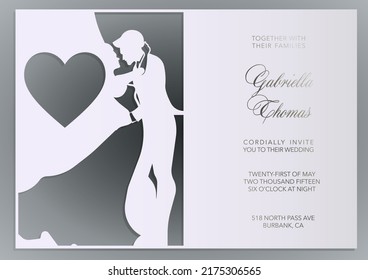 Laser cut wedding invitation template with bride, groom. Card with lacy vector silhouette Loving couple in lace decor. Faces in profile for Valentine's Day.