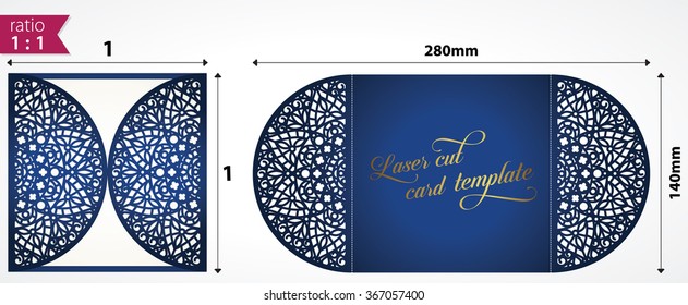 Laser Cut Wedding Invitation Template. May Be Used For Cutting Machines. Cutout Paper Wedding Invitation Card With Ornamental Panels.