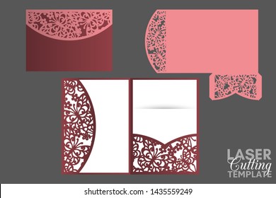 Laser cut wedding invitation Tri fold envelope template with pattern of butterflies and flowers, vector. Suitable for greeting cards, invitations, menus.