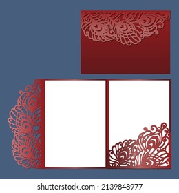 Laser cut wedding invitation Tri fold pocket envelope template with peacock feathers. Wedding invitation or greeting card cover with abstract ornament. Suitable for greeting cards, invitations, menus.