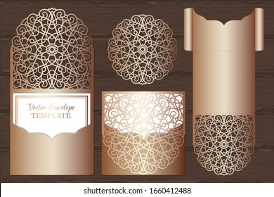 Laser cut wedding pocket envelope vector template. Invitation envelope, mandala round pattern. Template for laser cutting.