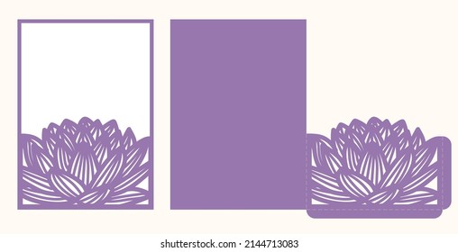 Laser cut Wedding pocket envelope template with cutout pattern of Lotus flower, vector.