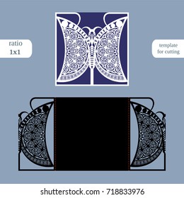 Laser cut wedding square card template. Cut out the paper card with butterfly pattern. Greeting card template for cutting plotter. Metal plate cut by laser. Vector.